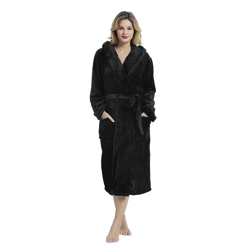 HEARTNICE Womens Hooded Fleece Robe, Soft Plush Bathrobe for Womens, Fluffy Cute Long House Coat (Black Hooded, S/M) - Image 5
